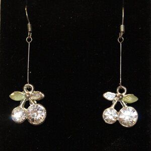 Crystal Cherry Dangle Earrings With Green Leaf Accents Approx 1.5" Drop